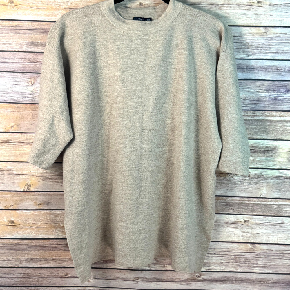 Eileen Fisher Tan Crew Neck Short Sleeve Merino Wool Sweater Minimalist S/M